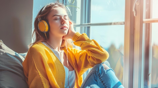 Woman Enjoying Music by Window