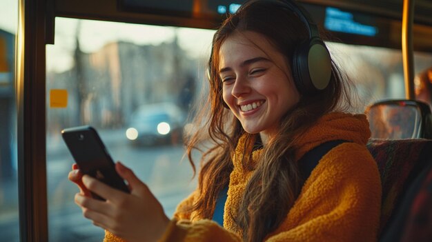 Photo woman enjoying music with headphones and cell phone while on bus