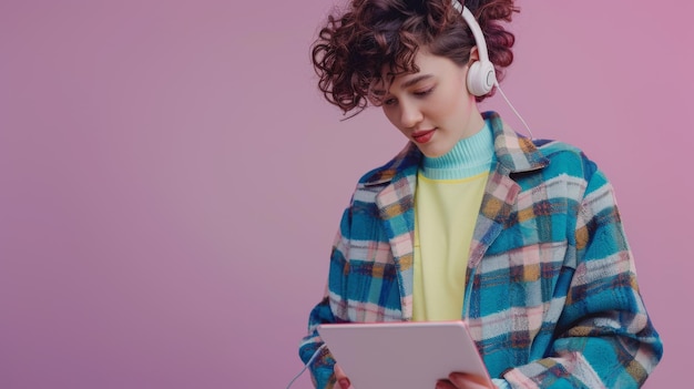 Photo woman enjoying music with tablet