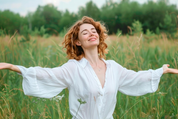 Photo woman enjoying nature in a green field during daylight