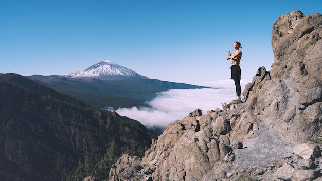 Woman enjoying nature Mount Teide volcano on Tenerife Spain Europe