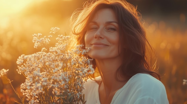 A woman enjoying a serene moment with flowers in a golden sunset field