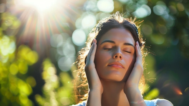 Woman enjoying sun with closed eyes in nature A serene photo capturing a woman enjoying the warm sunlight with her eyes closed surrounded by nature