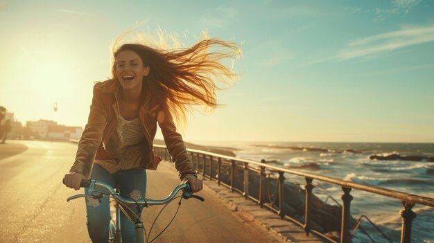 Photo woman enjoying a sunset bike ride