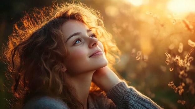 Photo woman enjoying sunset with soft light illuminating her face in nature