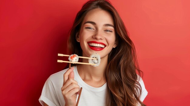 Photo woman enjoying sushi delight