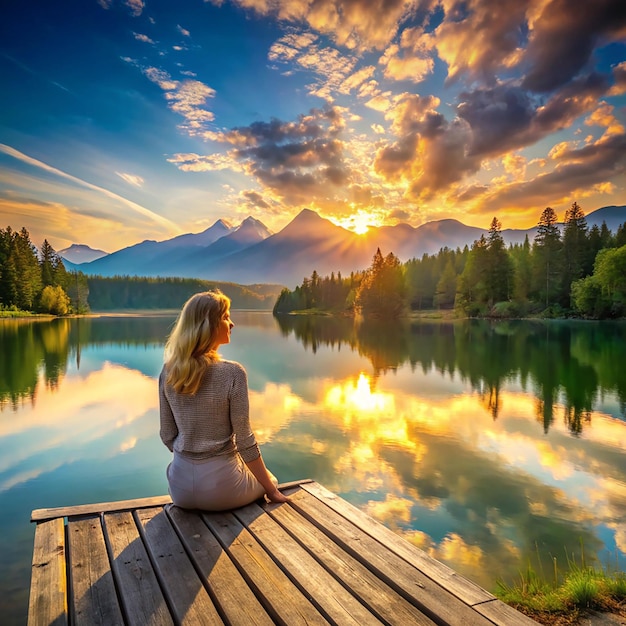 Photo woman enjoying time relaxing by the beautiful lake at sunrise