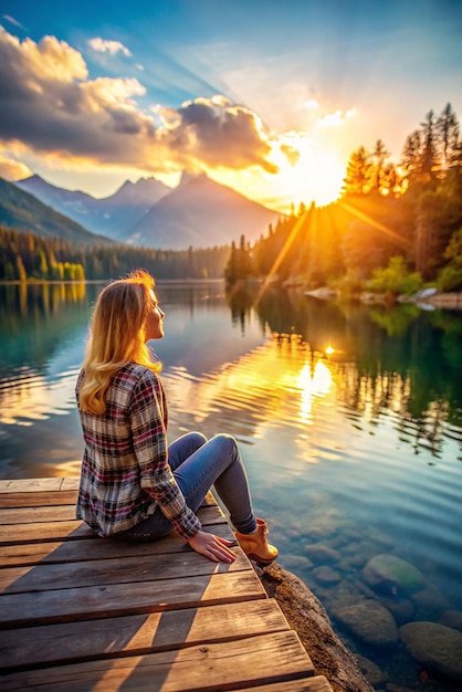 Woman enjoying time relaxing by the beautiful lake at sunrise