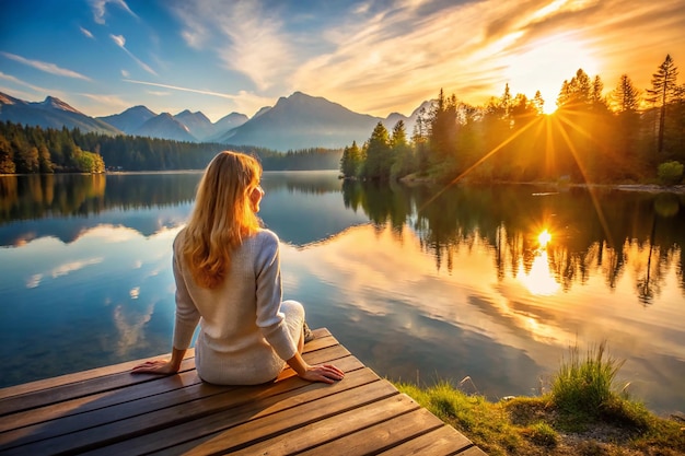 Woman enjoying time relaxing by the beautiful lake at sunrise