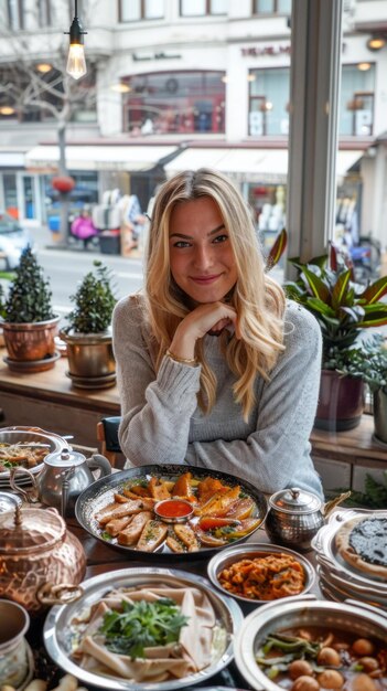 Photo woman enjoying traditional turkish food in istanbul restaurant