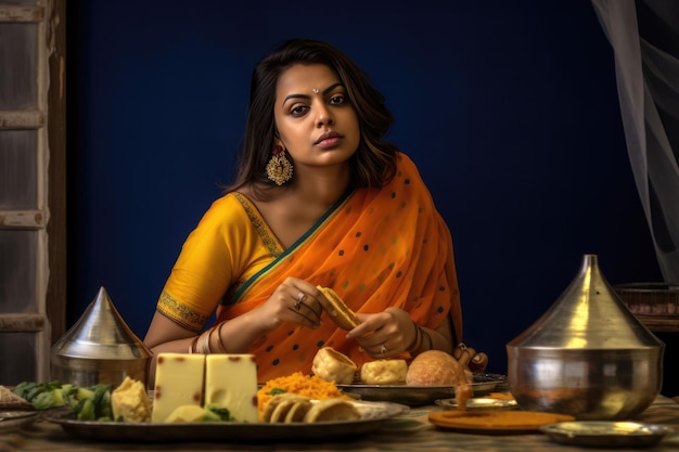 A woman enjoying a variety of food at a table