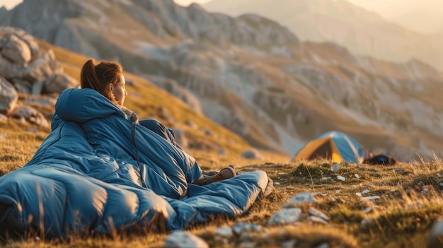 Photo woman enjoying the view from a mountain campsite at sunset