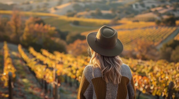 Photo woman enjoying the view of a vineyard at sunset