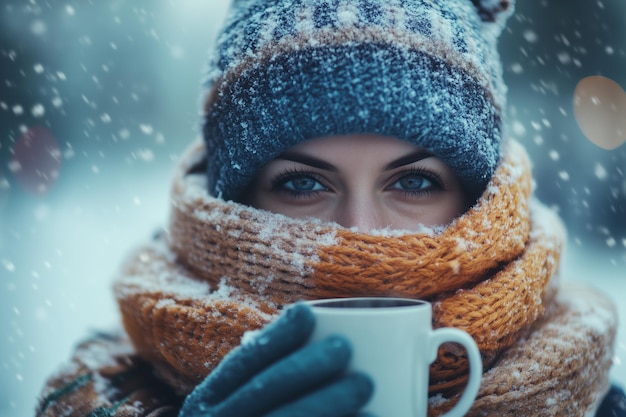 A woman enjoying a warm drink while bundled in a cozy scarf and hat during a snowy winter day in a picturesque outdoor setting