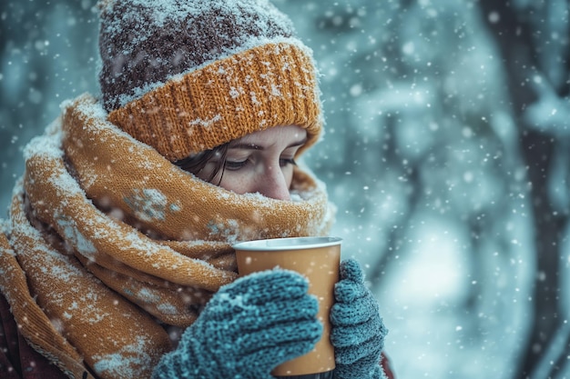 Photo a woman enjoying a warm drink while bundled up in cozy winter attire during a snowy day in a tranquil park