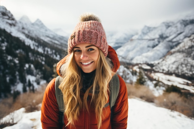 Woman enjoying a winter hike in the mountains in a cozy sweater