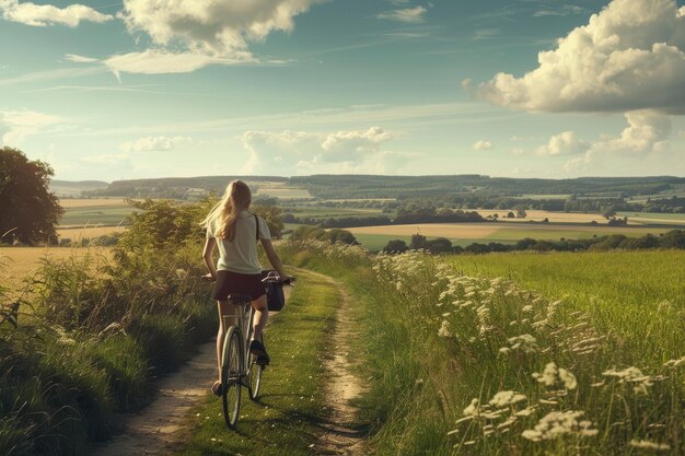 Photo a woman enjoys a bike ride through a picturesque countryside