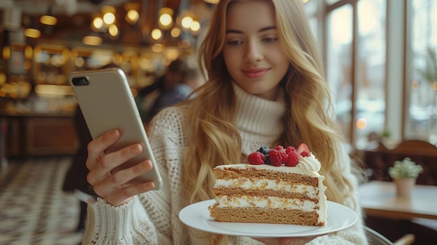 Woman Enjoys Cake While Using Smartphone in Cafe