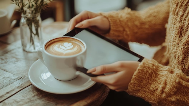 Photo a woman enjoys a cup of latte and uses a tablet at a cafe