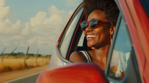 A woman enjoys the freedom of the open road on a sunny day happiness written on her face