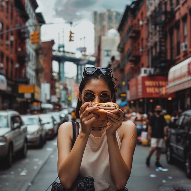 Photo woman enjoys a hotdog on the street while capturing the moment with her camera