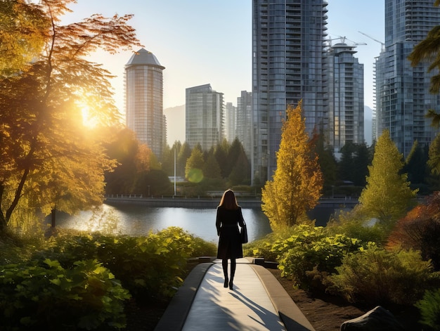 Photo woman enjoys a leisurely walk in the heart of the city