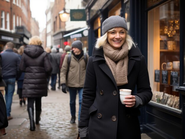 Woman enjoys a leisurely walk in the heart of the city