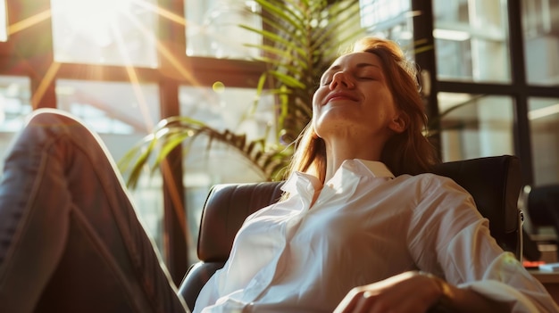 Photo a woman enjoys a moment of relaxation in a chair basking in the warmth of the sunlight streaming through large windows in a modern room