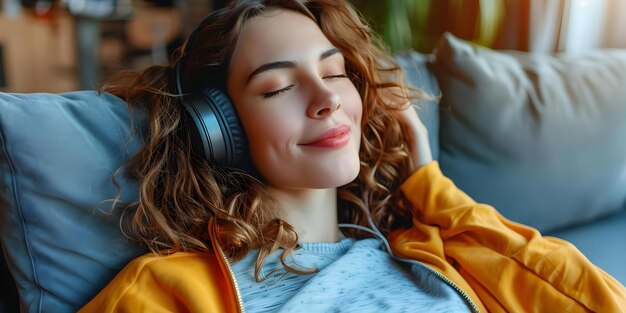 Photo woman enjoys music on sofa with headphones concept woman music sofa headphones enjoyment