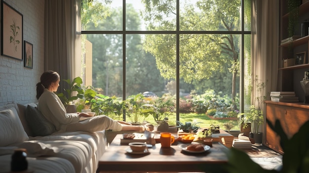 Photo a woman enjoys a peaceful moment with tea surrounded by indoor plants while overlooking a lush garden in daylight