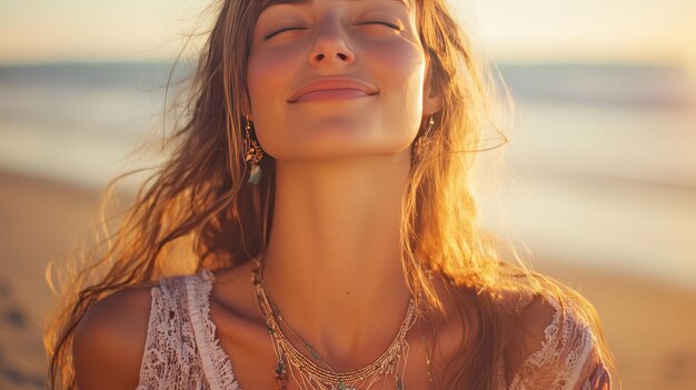 Photo a woman enjoys a serene sunset at the beach feeling the gentle breeze and warm sunlight on her face reflecting a moment of tranquility