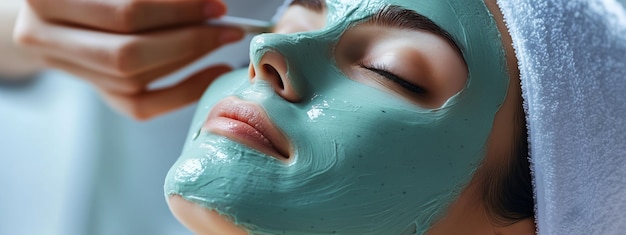 Photo a woman enjoys a soothing green facial mask at a spa during a relaxing selfcare afternoon