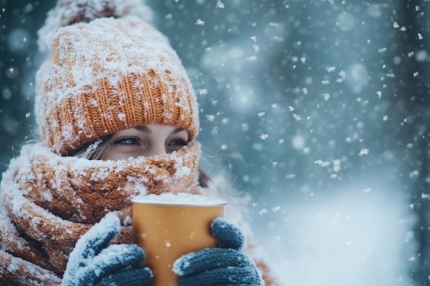 A woman enjoys a warm drink while bundled in cozy winter clothing amidst falling snow during a peaceful snowy day