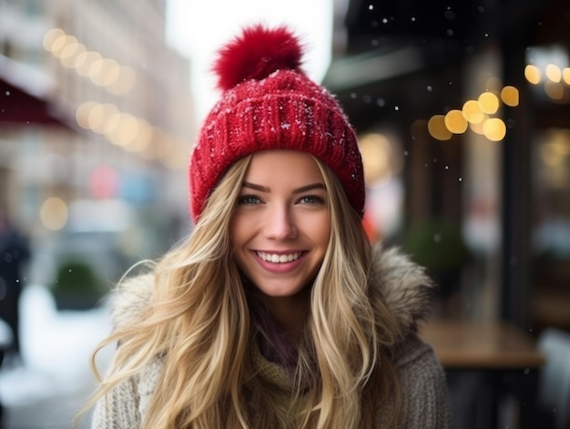 Woman enjoys in the winter day in emotional playful pose