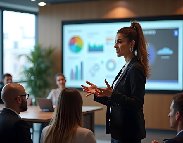 Photo woman entrepreneur at seminar giving presentation