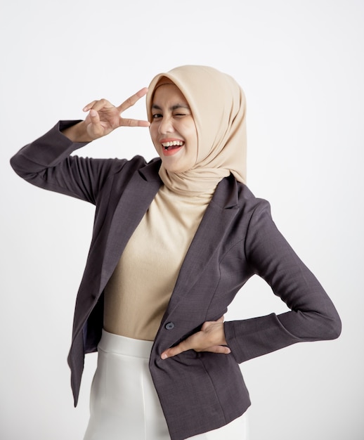 Woman entrepreneur wearing hijab smile pose, office work concept isolated white background