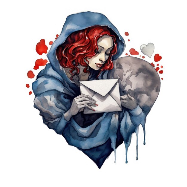 Woman and enveloppe love drawing in watercolor