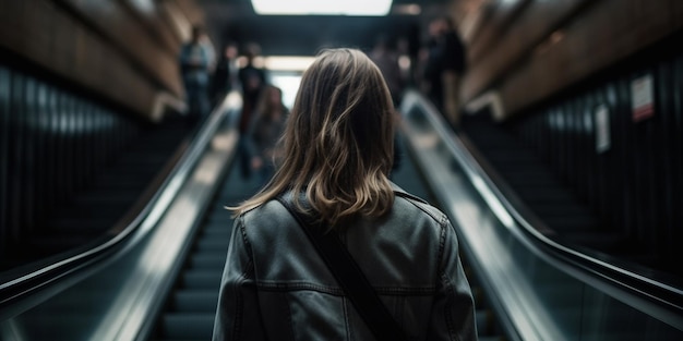 Woman on escalators front view