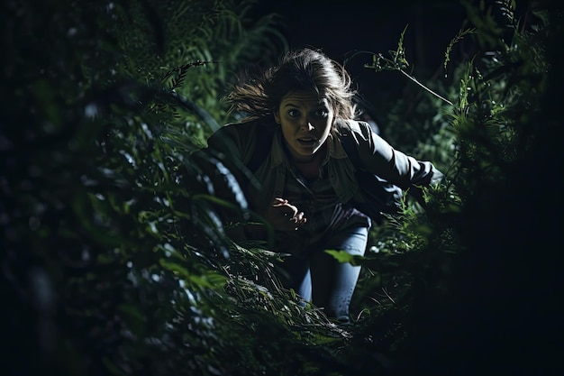 Woman escaping from unrevealed danger through the woods in the night