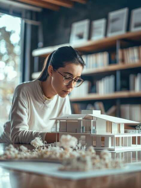 A woman examines a scale model of a house