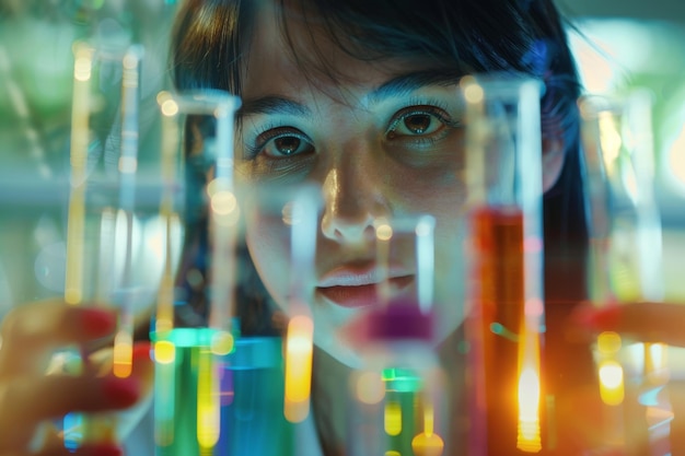 A woman examining colorful test tubes in a laboratory with bokeh effect AI generated