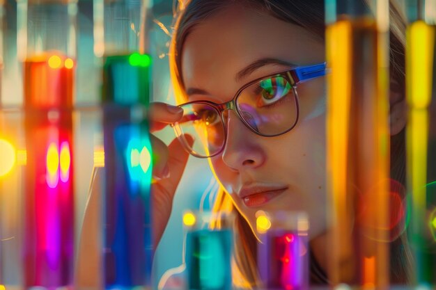 A woman examining colorful test tubes in a laboratory with bokeh effect AI generated