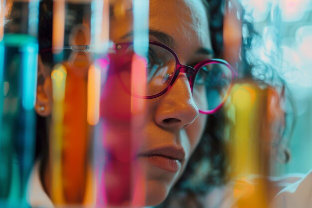 A woman examining colorful test tubes in a laboratory with bokeh effect AI generated