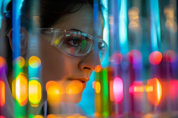 A woman examining colorful test tubes in a laboratory with bokeh effect AI generated