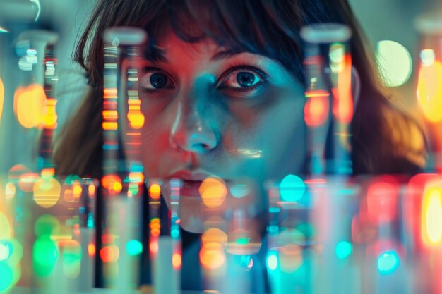 A woman examining colorful test tubes in a laboratory with bokeh effect AI generated