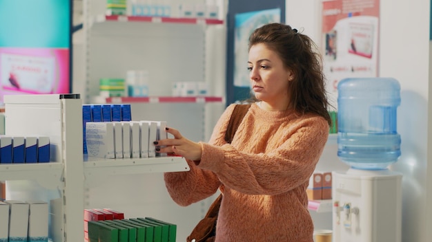 Woman examining drugstore shelves with pharmaceutical products, looking for prescription treatment to buy medicaments. Female client checking pills and boxes at pharmacy. Handheld shot.