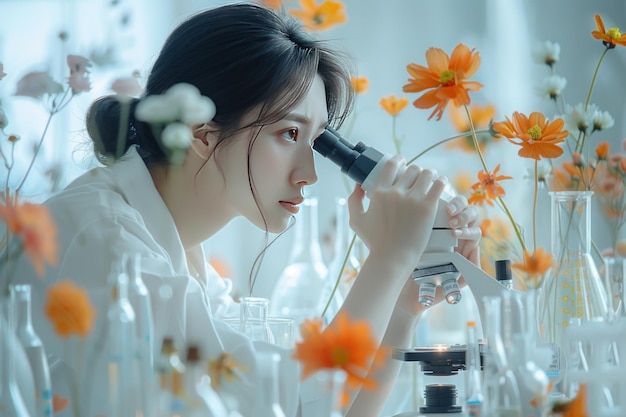 A Woman Examining Flowers Under a Microscope