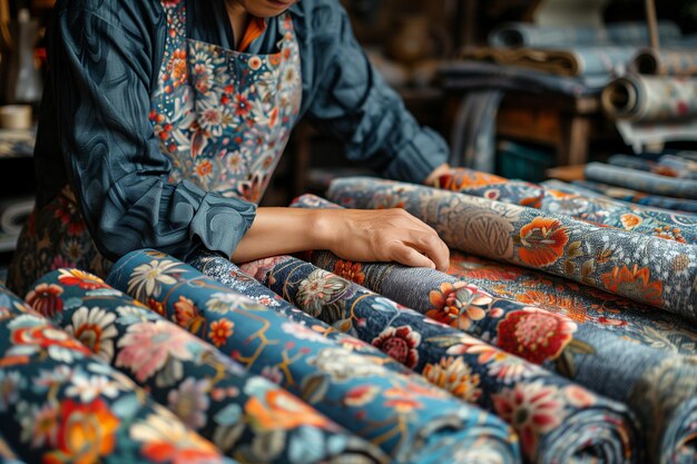 Photo woman examining rolls of colorful floral fabric in a textile shop