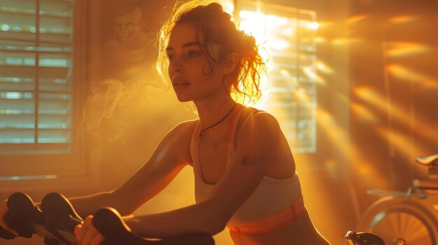 Photo woman exercising on stationary bike in warm golden light realistic photo