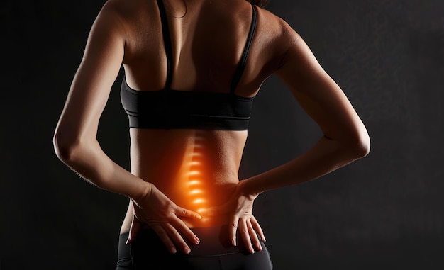 Woman experiencing back pain area showing discomfort highlighted health and medicine concept